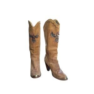 Vintage Regency tan leather boots with feathered Phoenix sz 9B